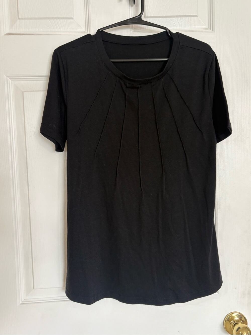 Black Pleated Short Sleeve Blouse Medium Stretch Career Casual Office Top